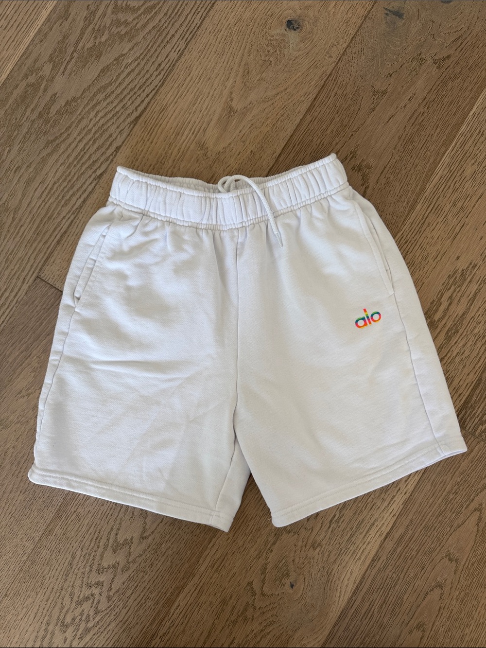 ALO Yoga White Shorts with Rainbow Logo